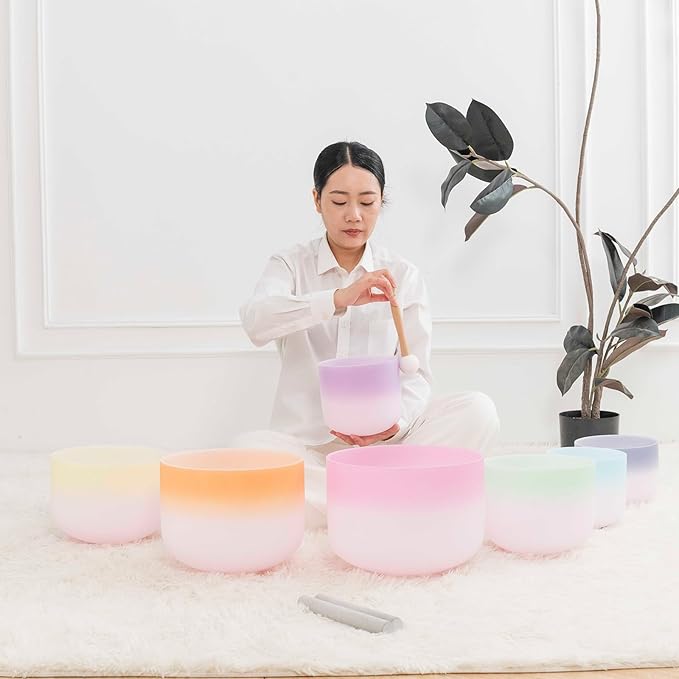 Hye-eun 432 hz Crystal Singing Bowl 7-12 Inch Set of 7 PCS Rainbow Gradient Frosted Quartz Crystal Chakra Singing Bowls with Carry Case Bag for Sound Healing and Therapy Meditation - Bloomnest