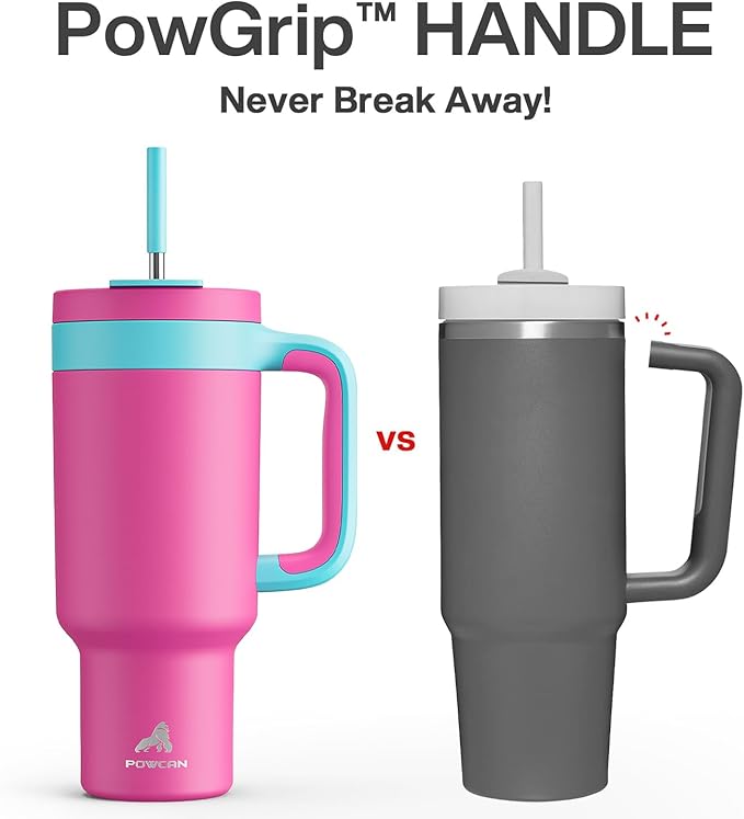 POWCAN 40 oz Tumbler with Handle, 2-in-1 Straw and Sip Lid, Leakproof, Dishwasher Safe, Insulated Stainless Steel Travel Coffee Mug, Keeps Cold for 34 Hours, Fits in Car Cup Holder (Petal) - Bloomnest