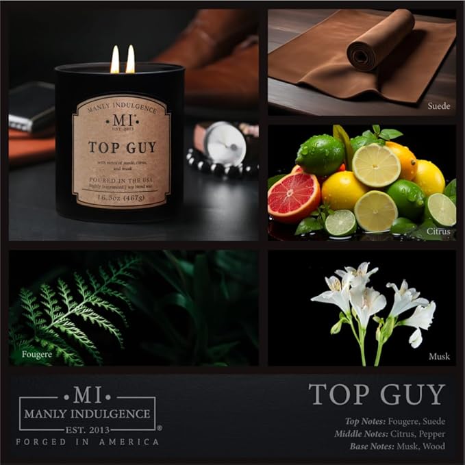 Manly Indulgence Top Guy Scented Candles for Men, 2 Wick, 16.5 oz, Premium Soy Blend Wax, 60H Burn, Candles for Home Scented - Made in The USA - Bloomnest