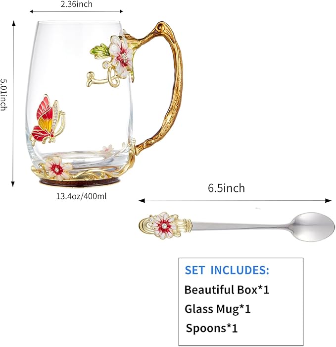 Flower Tea Cup,Clear Glass Fancy Coffee Mug with Spoon,Gift Box for Her Mom Wife Grandma Girls Friends Valentines Christmas Birthday Present Idea for Juice Milk Hot And Cold Drinks Use - Bloomnest