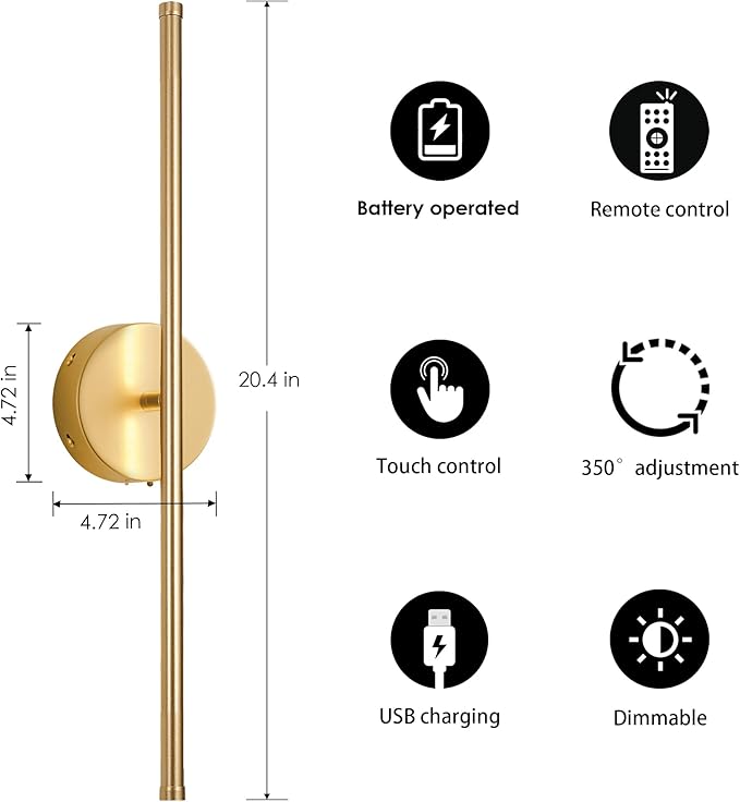 Battery Operated Wall Sconces, Dimmable Wall Sconces Set of Two, 350°Rotate, 3000K LED Gold Wireless Wall Light for Living Room, Bedroom, Hallway, 20.4 Inch (2 Pack) - Bloomnest