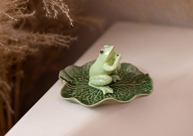 2" Red Black Frog On 4" Wide Lotus Leaf Ceramic Incense Stick Holder Artistic Collectible Figurine for Adult Collectors Interior Accent Gift Handcrafted Porcelain Home Room Decor - Bloomnest