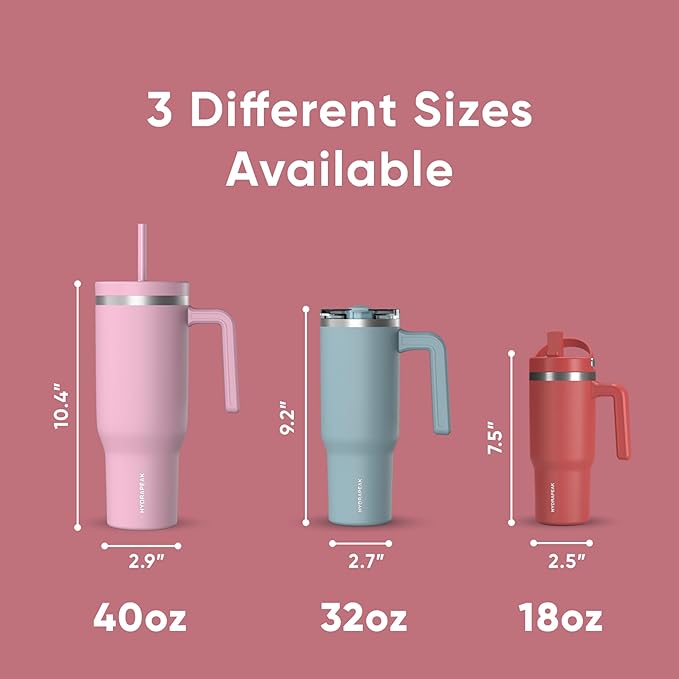 Hydrapeak Voyager 40 Oz Stainless Steel Tumbler with Handle, Insulated Water Bottle With Straw & Lid, Cupholder Friendly Reusable Travel Mug (Hot Pink) - Bloomnest
