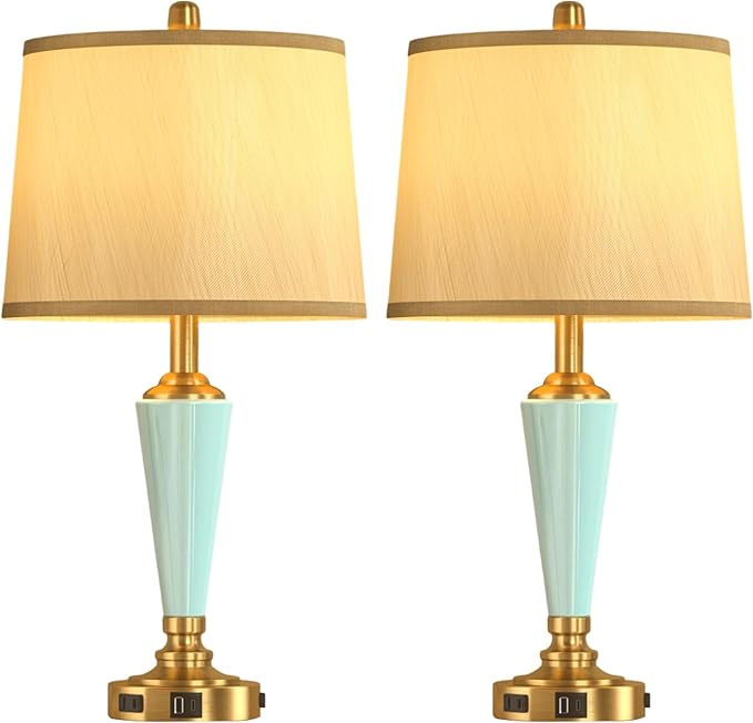 24" Ceramic Table Lamp with 3 Way Dimmable Touch Lamps - 2 USB Ports & AC Outlet Bedside Lamps, Modern Nightstand Lamp for Bedroom Living Room Office (Bulb Included) (Sky Blue-2 Pack) - Bloomnest