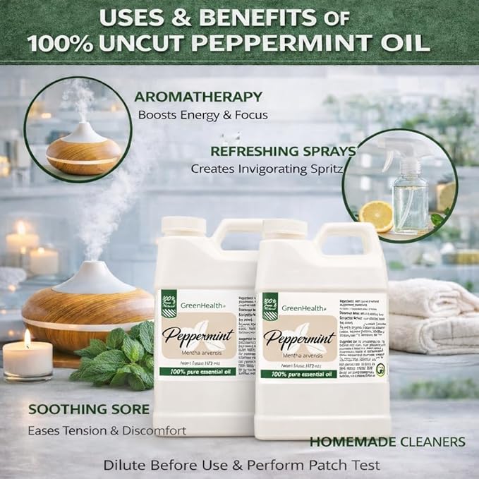 GreenHealth Peppermint Essential Oil – 2 Pack (16 fl oz Each) – 100% Pure & Uncut – White Plastic Jugs – Bulk Essential Oil for Diffusers, DIY, Cleaning Greenals