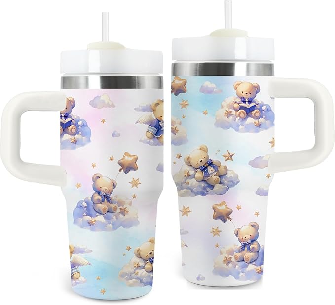 Bear Gifts - 14 Oz Cartoon Kids Tumbler with Handle and Straw, Stainless Steel Insulated Water Bottle,for Boys Girls, School, Travel - Cute Bear Themed Children Birthday Gift Cup(1pc) - Bloomnest