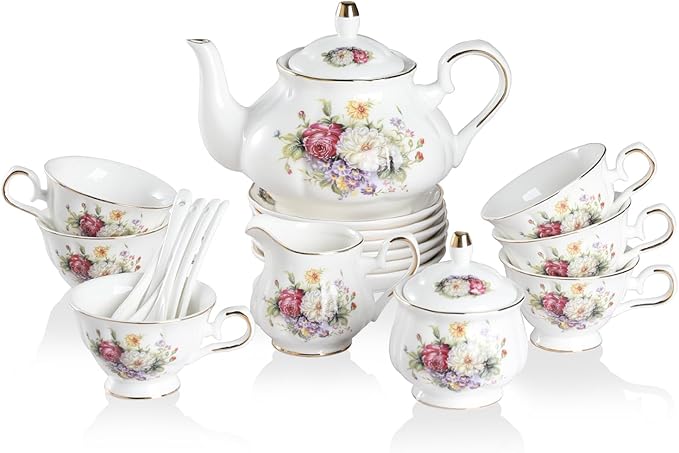 Sweejar Porcelain Tea Sets, Vintage British Floral Relief Gold Rimmed Teapot Cup and Saucer Set, Tea Set Service for 6, with Teapot, Sugar Bowl, Milk Jug, Spoons, Tea Cup and Saucer (Flower Style) - Bloomnest