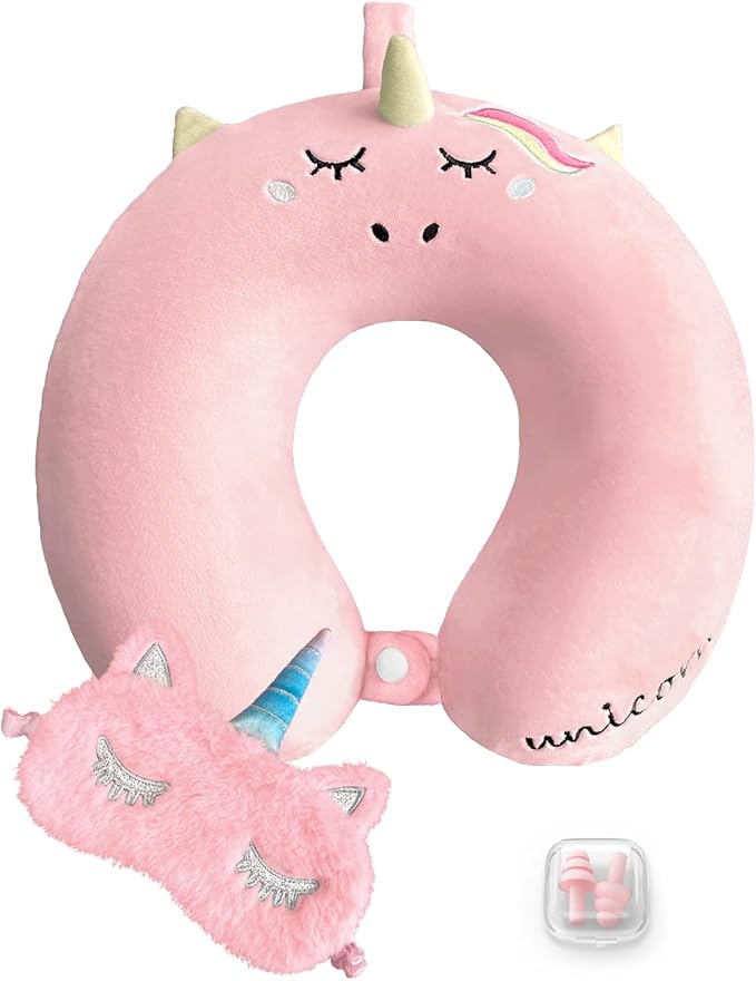 Neck Travel Pillow for Kids, Unicorn Airplane Memory Foam Pillow with Cute Sleep Mask & Earplugs, Lightweight Travelling Sleeping Pillow Set for Car, Train, Bus and Home Use (Pink) - Bloomnest