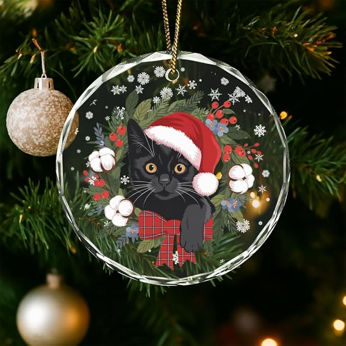 Black Cat Glass Ornament – Handcrafted Hanging Decoration, Elegant Keepsake with Unique Black Cat Design, for Home, Holiday Tree, or Special Occasion - Bloomnest