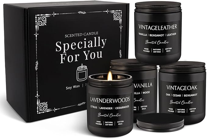 Scented Candles Gift Set - 4 Pack (7oz Each) Soy Wax Aromatherapy Candles with Essential Oils, Smokeless - Leather & Smoke, Vanilla Oakmoss, Lavender - Relaxing Fragrance for Home, Office, Yoga - Bloomnest