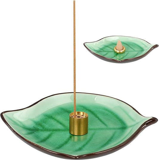 Incense Holder for Sticks (9 Holes) and Cones, Handmade Ceramic Incense Ash Catcher for Meditation, Yoga, SPA Days, Relaxing, Home Decor, Candle Holder, Easy to Clean, Leaf-Shape (Green) - Bloomnest