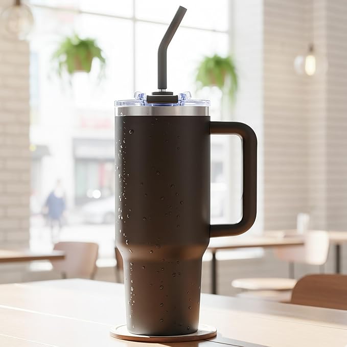40 oz Tumbler With Handle and Straw Lid, Vacuum Insulated Travel Coffee Mug Stainless Steel Insulated Cup for Beverages, Leak-proof, Cupholder Friendly (Black) - Bloomnest