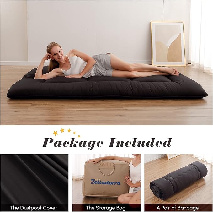 Japanese Floor Mattress, Futon Mattress with Portable Storage Bag and Washable Cover, Roll Up Thick Tatami Mat Suitable for Camping, Guest Room, Black, Queen - Bloomnest