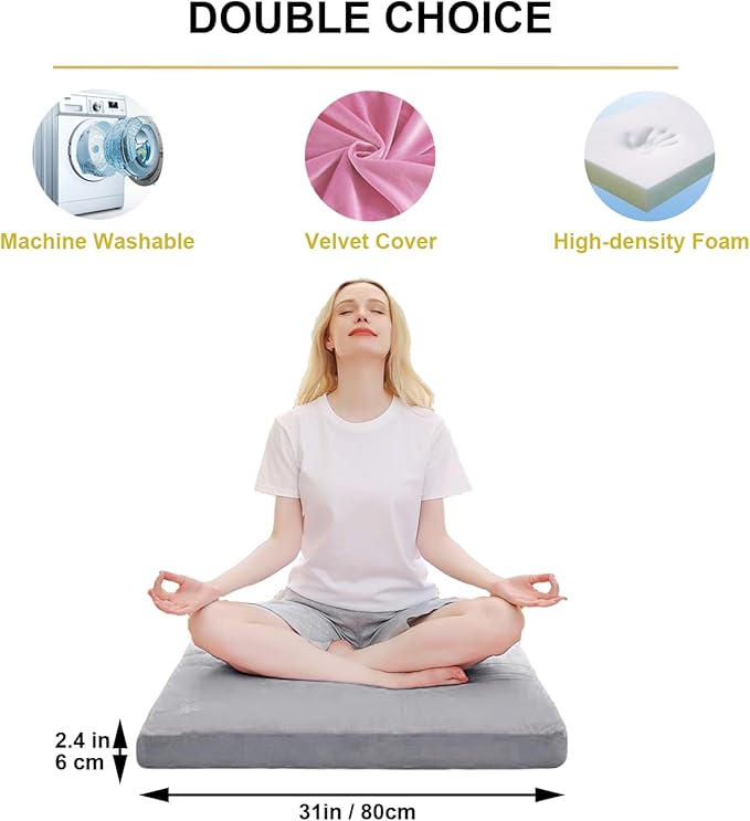 Velvet Zabuton Meditation Mat, 31 * 31 inches, Yoga Meditation Cushion Floor (Gray)