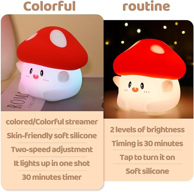 Mushroom Night Light Silicone - Color Changing Lamp, USB Rechargeable, Long Battery Life, Soft Squishy, Dimmable Brightness - Bedroom Decor, Cute Mushroom Gifts for Kids & Adults - Bloomnest