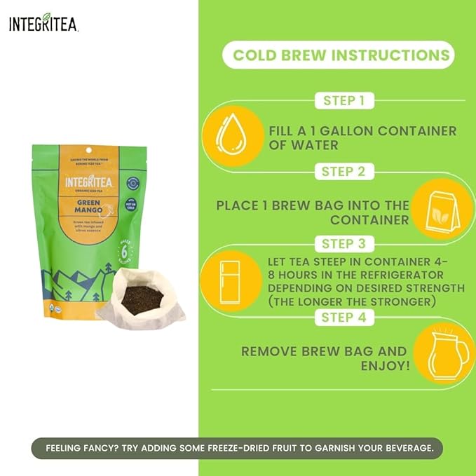 IntegriTEA Green Mango Flavored Green Tea, 6 Organic Unsweetened Iced Tea Bags, 6 Gallons, Hot or Cold Brew, Fairly & Sustainably Sourced - Bloomnest