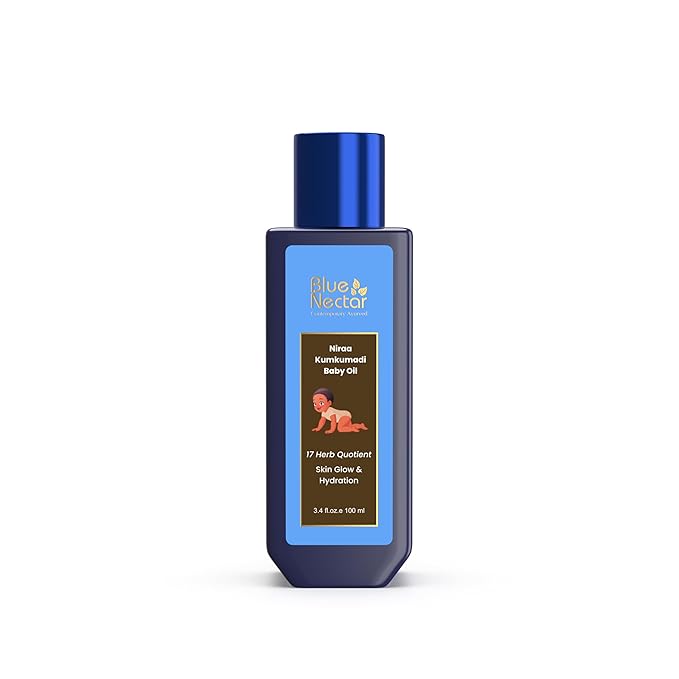 Blue Nectar Baby Oil with Pure Kumkumadi Oil for Glow & Hydration | Ayurvedic Baby Massage Oil for New Born | 100% Natural & Safe Baby Product for Delicate Skin (17 Herbs, 3.38 Fl Oz) - Bloomnest