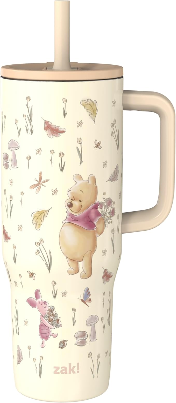 Zak Designs Disney Winnie the Pooh Sutton Travel Tumbler for On the Go, 30oz Stainless Steel with Vacuum Insulation, Silicone Straw, and Carry Handle for Cold Drinks (Pooh and Friends) - Bloomnest