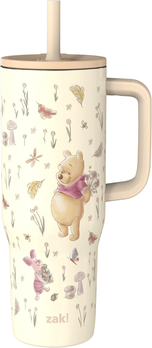 Zak Designs Disney Winnie the Pooh Sutton Travel Tumbler for On the Go, 30oz Stainless Steel with Vacuum Insulation, Silicone Straw, and Carry Handle for Cold Drinks (Pooh and Friends) - Bloomnest