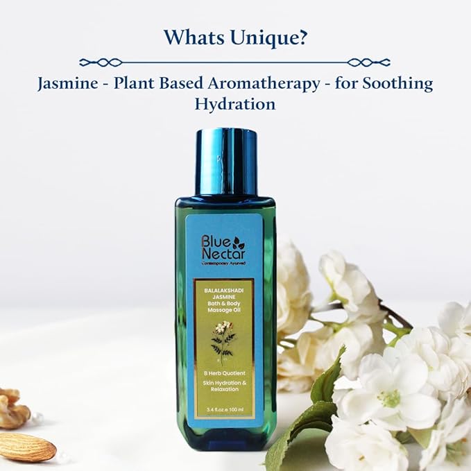 Blue Nectar Sensuous Jasmine Body Massage Oil for Relaxing Massage Therapy with Essential Oils | 100% Natural Ingredients (8 Herbs,3.4 fl oz) - Bloomnest