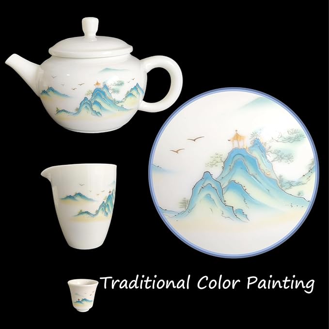 Landscape-Painted Chinese Gongfu Porcelain Tea Set: 6 Teacups & 1 Teapot. Made of Chinese/Japanese-style porcelain, ideal as a gift for business occasions & holidays(Landscape Design) - Bloomnest