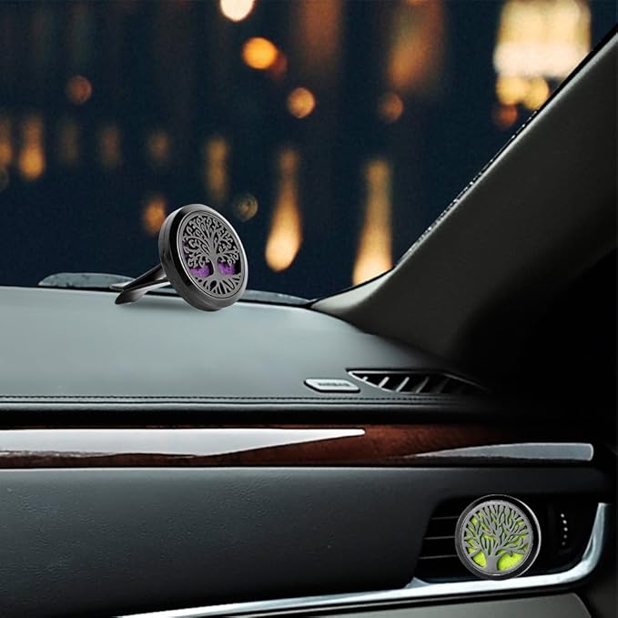 2PCS Tree of Life Car Diffuser Aromatherapy Essential Oil Black Stainless Steel Locket with Vent Clip 12 Felt Pads - Bloomnest