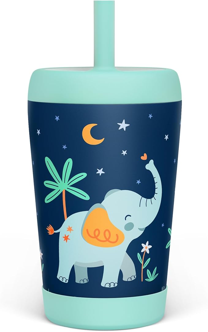 Kid Insulated Stainless Steel Tumbler with Silicone Straw, 12oz Sippy Cup for Kids (Dreamy Elephant) - Bloomnest