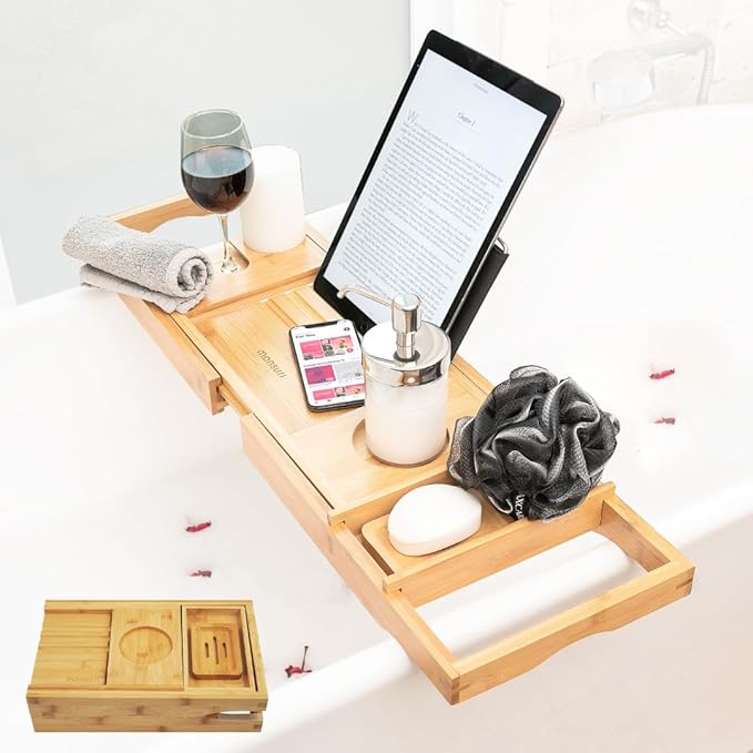 Foldable Bathtub Tray Caddy - Expandable Bath Tray for Tub | Secure, Non-Slip Bathtub Caddy for Tub for Bath Accessories, Self Care Home Spa Gift Set, Relaxing Gifts for Women, New Moms, House Warming - Bloomnest