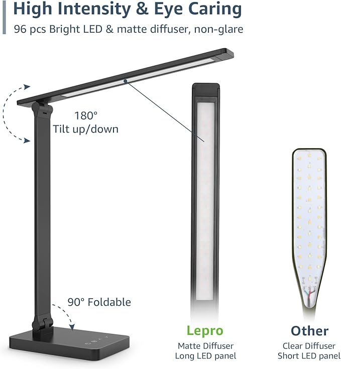 Lepro LED Desk Lamp for Home Office, 9.5W 750LM Metal Touch Control Desk Light, 5 Color Modes 5 Brightness Level, Eye Caring Task Lamp For Reading, Sewing, Crafts, School Supplies, Puzzle Light, Black - Bloomnest