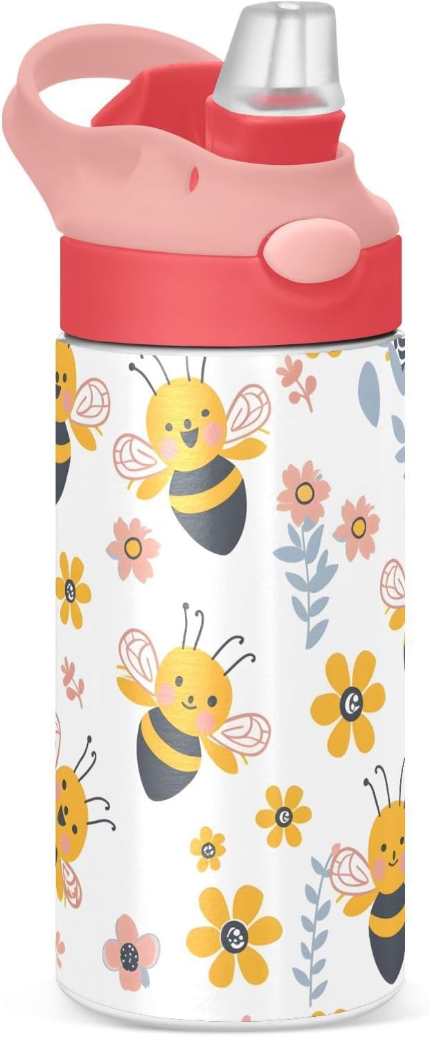 Funny Bee Honey Kids Insulated Water Bottle, Toddlers Tumbler Travel Cup with Straw & Handle Stainless Steel Cup for Travel School Girls 12 oz - Bloomnest