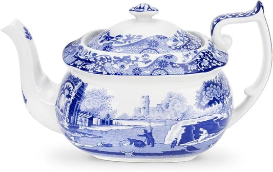 Spode Blue Italian Teapot with Infuser - 40 oz Countryside-Inspired Ceramic Teaware for Afternoon Tea, Earthenware Brunch Tableware, Vintage-Inspired Tea Party Hosting - Bloomnest