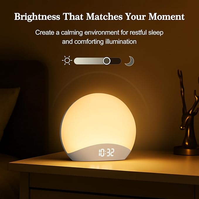 REACHER Sound Machine Sunrise Alarm Clock with Night Light, 26 Nature Inspired Sleep Sounds, 0-100% Dimmable Clock, Sunrise Lamp, Wake Up Light, Brown/Pink/White Noise Machine for Babys, Adults, Kids - Bloomnest