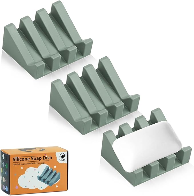 Self Draining Soap Dish Holder,Silicone Soap Dish,for Bathroom,Kitchen, Sponges，Can Extend Soap Life，Keep Soap Bars Dry and Easy Cleaning (Green,3-Pack) - Bloomnest