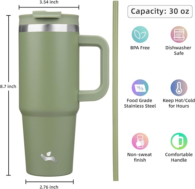 30 oz Tumbler with Handle and 2 Straws,2 in 1 Lid Insulated Water Bottle Stainless Steel Travel Coffee Mug,Army Green - Bloomnest