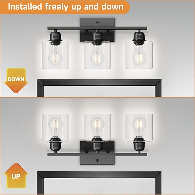 Modern 3 Light Bathroom Light Fixtures, 19 inch Black Vanity Lights for Bathroom with Clear Glass for Mirror Kitchen Living Room Hallway Cabinet Porch - Bloomnest