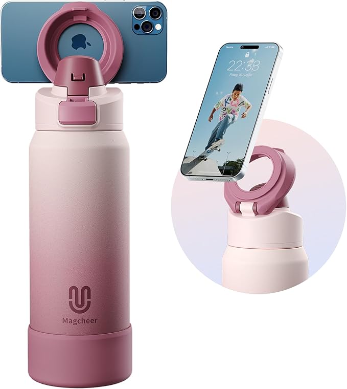 Insulated Magnetic Water Bottle - Reusable Stainless Steel Bottle with MagSafe Compatible Phone Holder - Perfect for Gym, Sports, and Travel - Blush Pink 32oz Magcheer