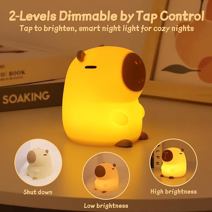 Capybara Night Light for Kids, Squishy Lamp, 1200mAh Long-Lasting Battery, Rechargeable Touch Control, Dimmable with 30-Min Timer, Capybara Gifts for Nursery Halloween Bedroom Decor - Bloomnest