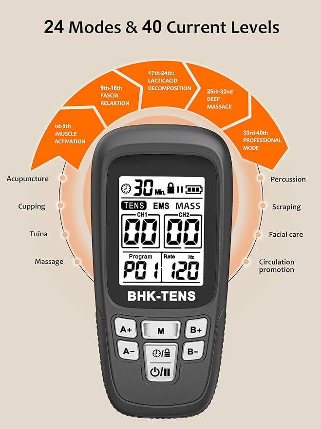 24 Modes TENS Unit Muscle Stimulator with 8 Electrode Pads, Professional 3-in-1 Electronic Pulse Massager with 2-150Hz Rate, 40 Levels, 90mins Timer, EMS TENS Machine for Pain Relief Therapy BHKTENS