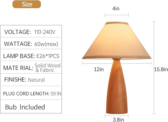 Bedside Table Lamp for Bedroom, Mid-Century Modern Plug in Fabric Shade & Solid Wood Base Desk Lamp, Plug & Play Natural Wood Nightstand Lamp for Living Room, Office, Switch Power Cord 【Bulb Included】 - Bloomnest