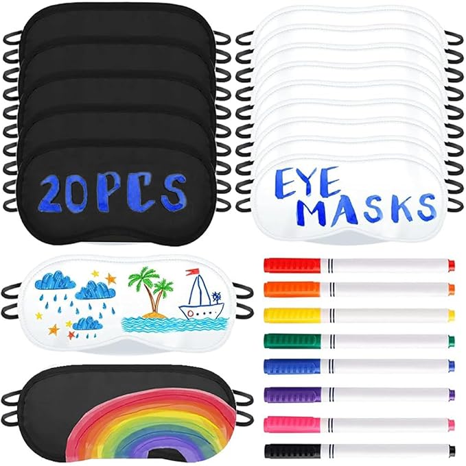 20 PCS Eye Mask Sleepover Party Supplies Slumber Party Favors for Girls Pajama Party Decorations Sleep White Black Soft Shade Blindfold Eye Covering Color The Bulk Game Stuff with 8 PCS Fabric Pens - Bloomnest
