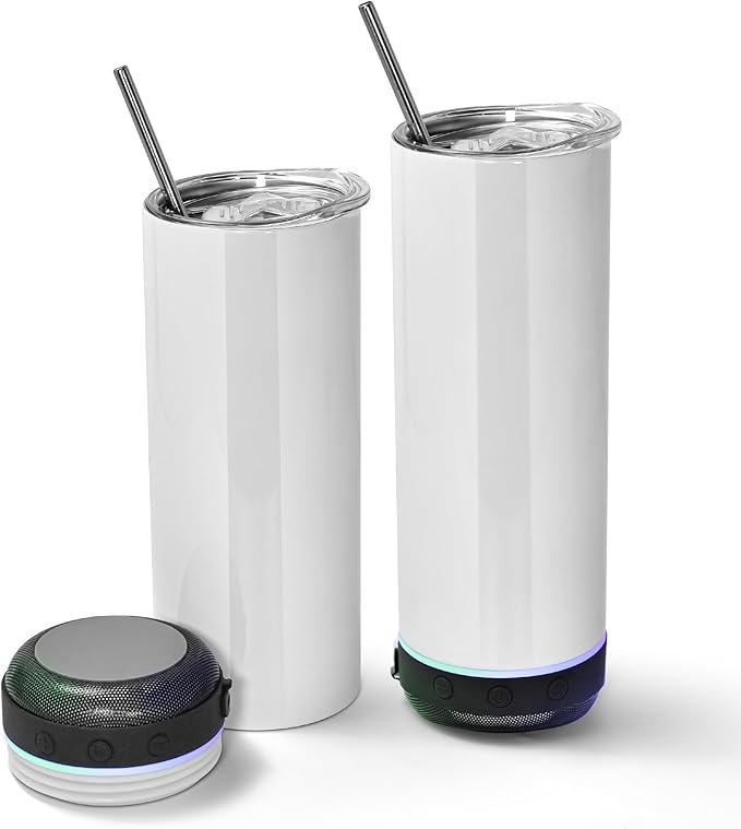 AGH 2 Pack Music Speaker Tumbler with Straw and Lid,20oz Sublimation Skinny Stainless Steel Double Wall Tumbler,Speaker Tumbler Cup with Detachable LED Light,Suitable for DIY Gifts（Black） - Bloomnest