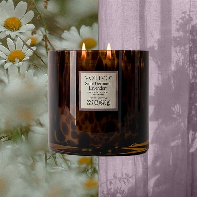 Votivo Saint Germain Lavender Tortoise Scented Candle | 22.7 oz Soy Wax Blend | Floral Scent | Decorative Home Decor Tortoiseshell Pattern | 100 Hour Burn Time - Bloomnest