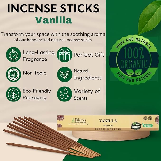 Bless-Vanilla 100%-Natural-Handmade-Hand-Dipped-Incense-Sticks Organic-Chemicals-Charcoal-Free Purification-Relaxation-Positivity-Yoga-Meditation Best-Woods-Scent (100 Sticks(5.25 OZ)) BlessInternational
