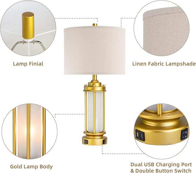 Set of 2 Modern Table Lamps for Living Room, Farmhouse Vintage Bedside Lamp with 2 USB Ports Glass Nightlight, Gold Nightstand Desk Lamps for Entryway Bedroom Dresser, 4 Bulbs Included - Bloomnest