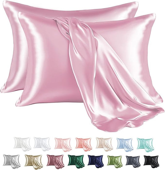 MR&HM Satin Pillowcase for Hair and Skin, Silk Satin Pillowcase 2 Pack, King Size Pillow Cases Set of 2, Silky Pillow Cover with Envelope Closure (20x36, Pink) - Bloomnest