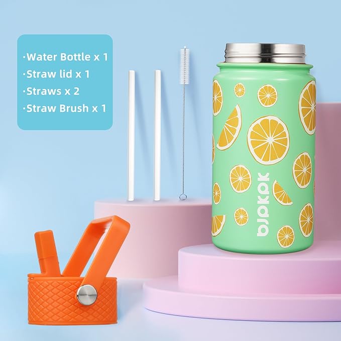 BJPKPK Insulated Water Bottle with Straw Lid, 15 oz Stainless Steel Metal Water Bottles, Reusable Leak Proof BPA Free Thermo, Flask, Cups - Elegant Lemon - Bloomnest
