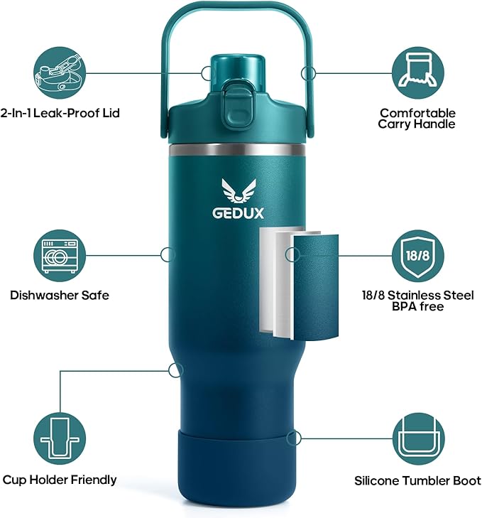 32 oz Stainless Steel Tumbler with Handle and Straw, Vacuum Insulated Water Bottle with 2-in-1 Lid (Chug/Straw) and Silicone Boot，Keeps Drinks Hot and Cold - Bloomnest