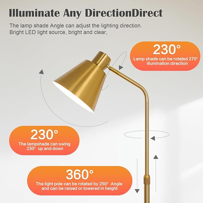 Gold Brass Industrial Floor Lamps with Bright 12W LED Bulb Adjustable 3 Colors, Living Room Sofa Corner Bedroom Bedside Office Study Reading Standing Tall Lights, Unique Modern Home Decor Essentials - Bloomnest