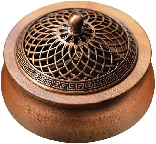 Round Wooden Incense Burner & Holder - 4" Handcrafted Natural Wood Censer with Alloy Lid, Heat-Resistant Tray for Sticks, Cones, Sage, Frankincense (Meditation, Yoga, Home Decor)