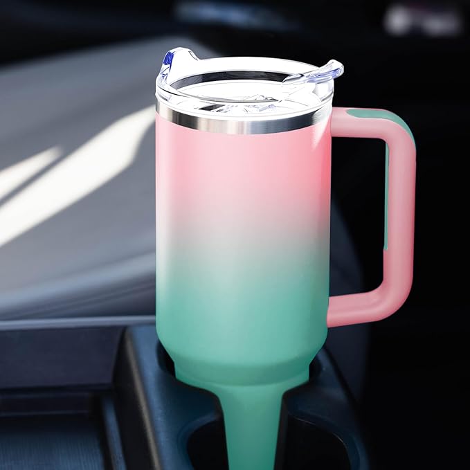 Stainless Steel 40 oz Tumbler with Handle, Insulated Travel Mug, Leak-Proof Lid, Vacuum Cup for Men & Women - Bubble Gum - Bloomnest